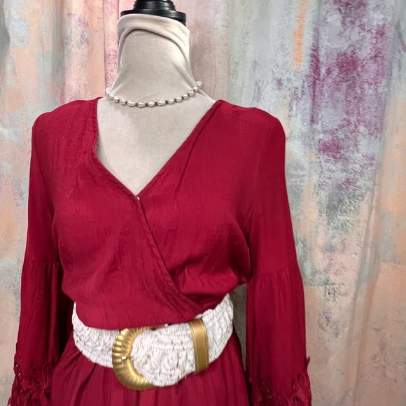 📌Flying Tomato  Dark Fuchsia Dress with Beautiful Lace Details & Wide Belt - Picture 3 of 16